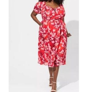 Torrid Midi Dress 4 Coral Red Floral Print Clip Dot Lace Up Cottagecore Feminine